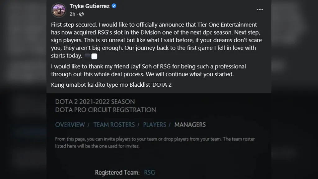 Blacklist Dota 2 malapit nang mabuo matapos makaselyo ang Tier One ng DPC SEA slot Tryke Gutierrez Facebook post patungkol sa Blacklist Dota 2